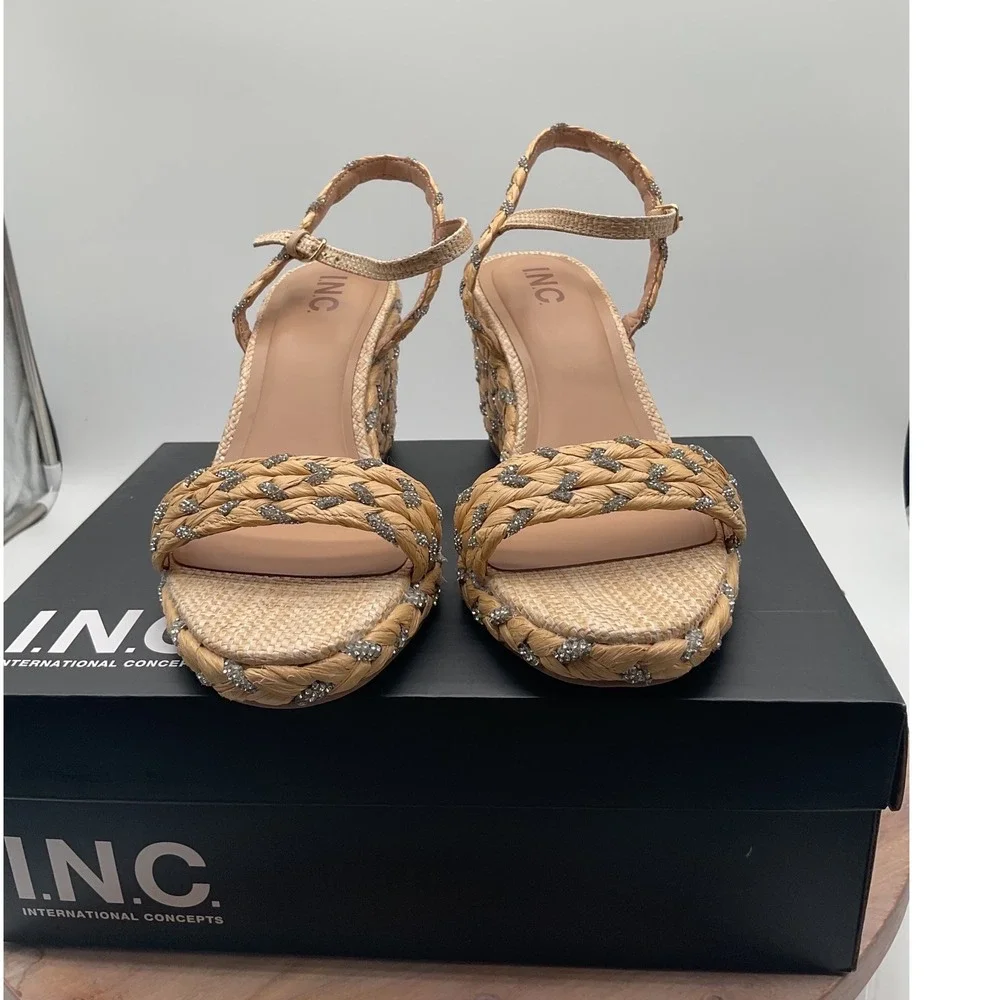 INC International Concepts Gillaaf‎ Jute Rhinestone Wedge Sandals Tan Womens 10M